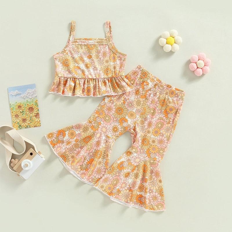 2PC Retro Daisy Print Outfit & Flared Pants - Shop Baby Boutiques 