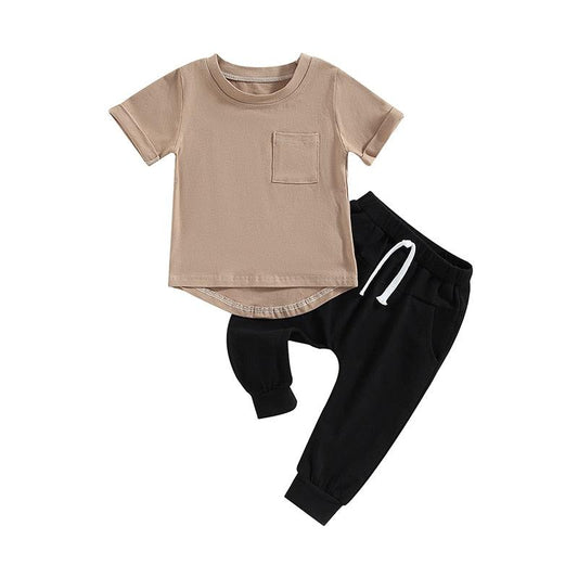 2PC Toddler Short Sleeve Pocket T-Shirt Solid Pants Set - Shop Baby Boutiques 