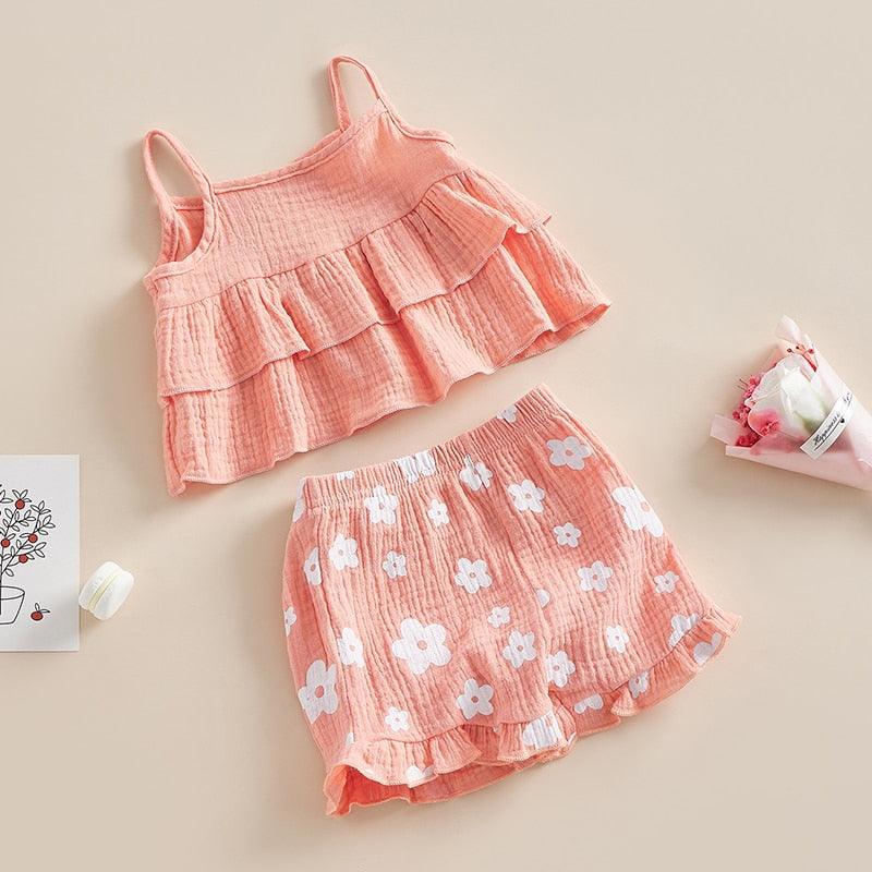 2Pcs Ruffle Layer Camisole Flower Print Short Set - Shop Baby Boutiques 