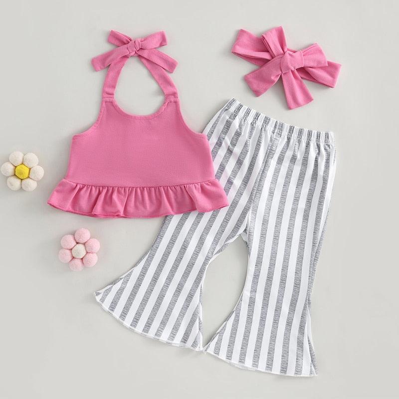 3PC Pink Ruffled Halter Top W Striped Bell Bottoms-Shop Baby Boutiques