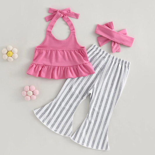 3PC Pink Ruffled Halter Top W Striped Bell Bottoms-Shop Baby Boutiques