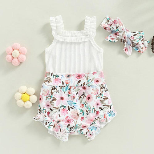 3PC Ruffled Romper with Printed Shorts - Shop Baby Boutiques 