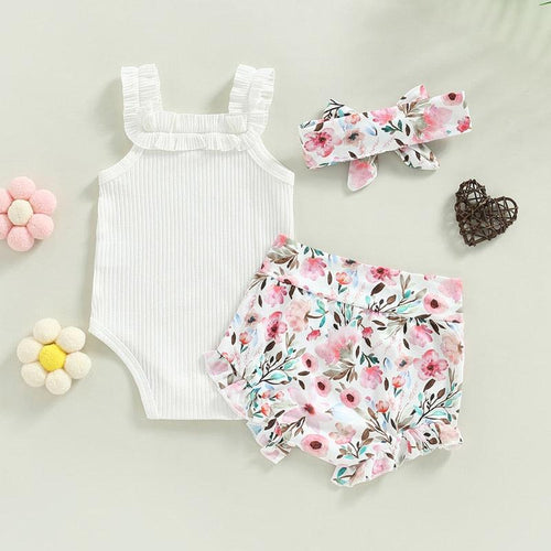 3PC Ruffled Romper with Printed Shorts - Shop Baby Boutiques 