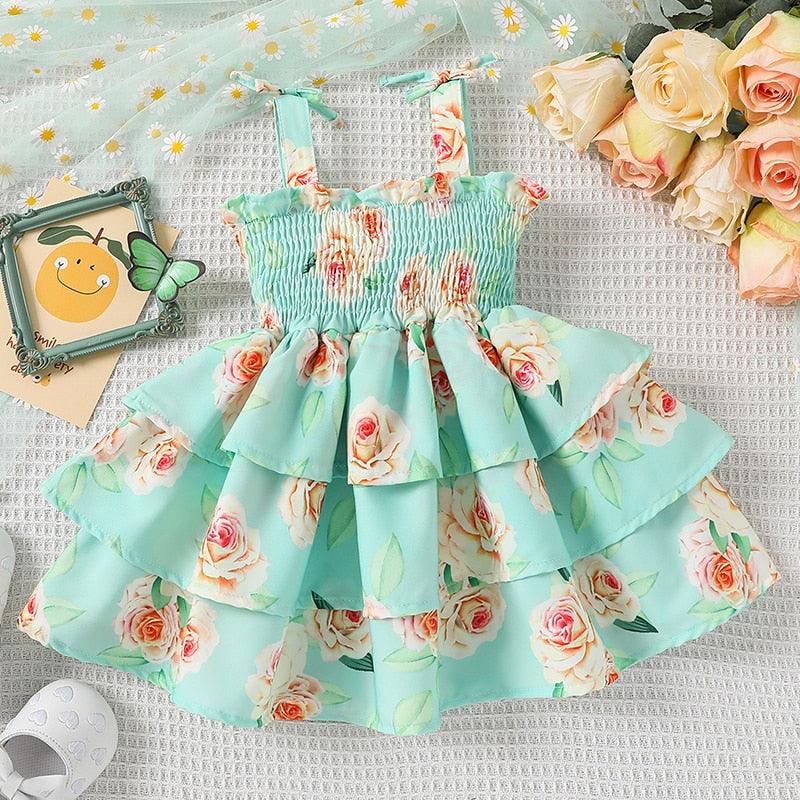 Bella Floral Summer Sleeveless Sling Layered Cake Dress-Shop Baby Boutiques