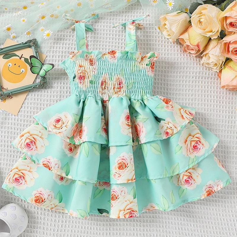 Bella Floral Summer Sleeveless Sling Layered Cake Dress-Shop Baby Boutiques
