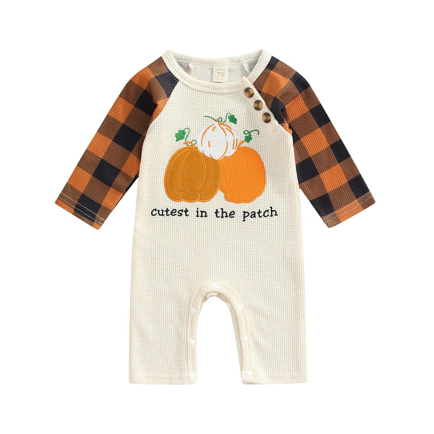 Cutest In The Patch Plaid Pumpkin Romper-Shop baby Boutiques