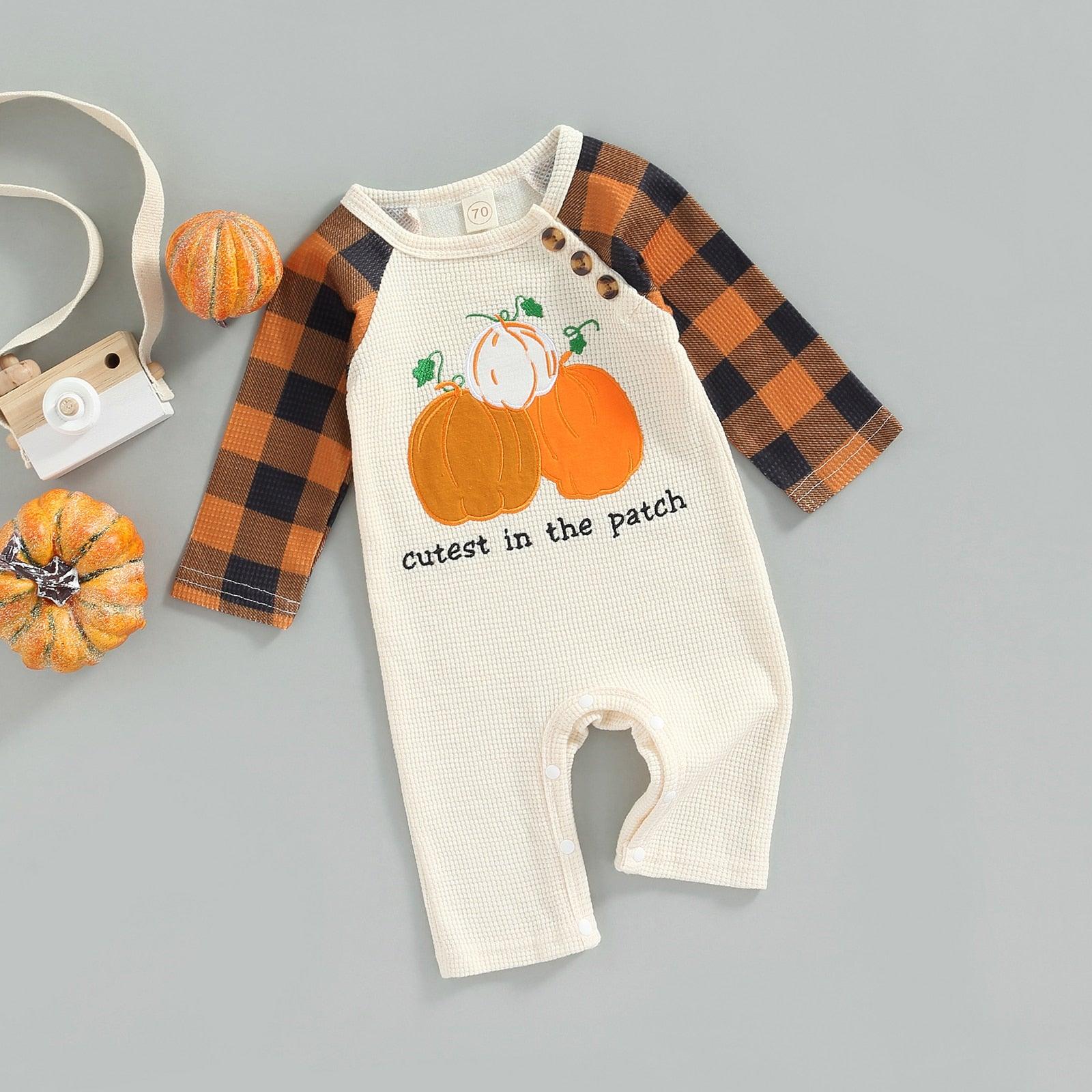 Cutest In The Patch Plaid Pumpkin Romper-Shop baby Boutiques