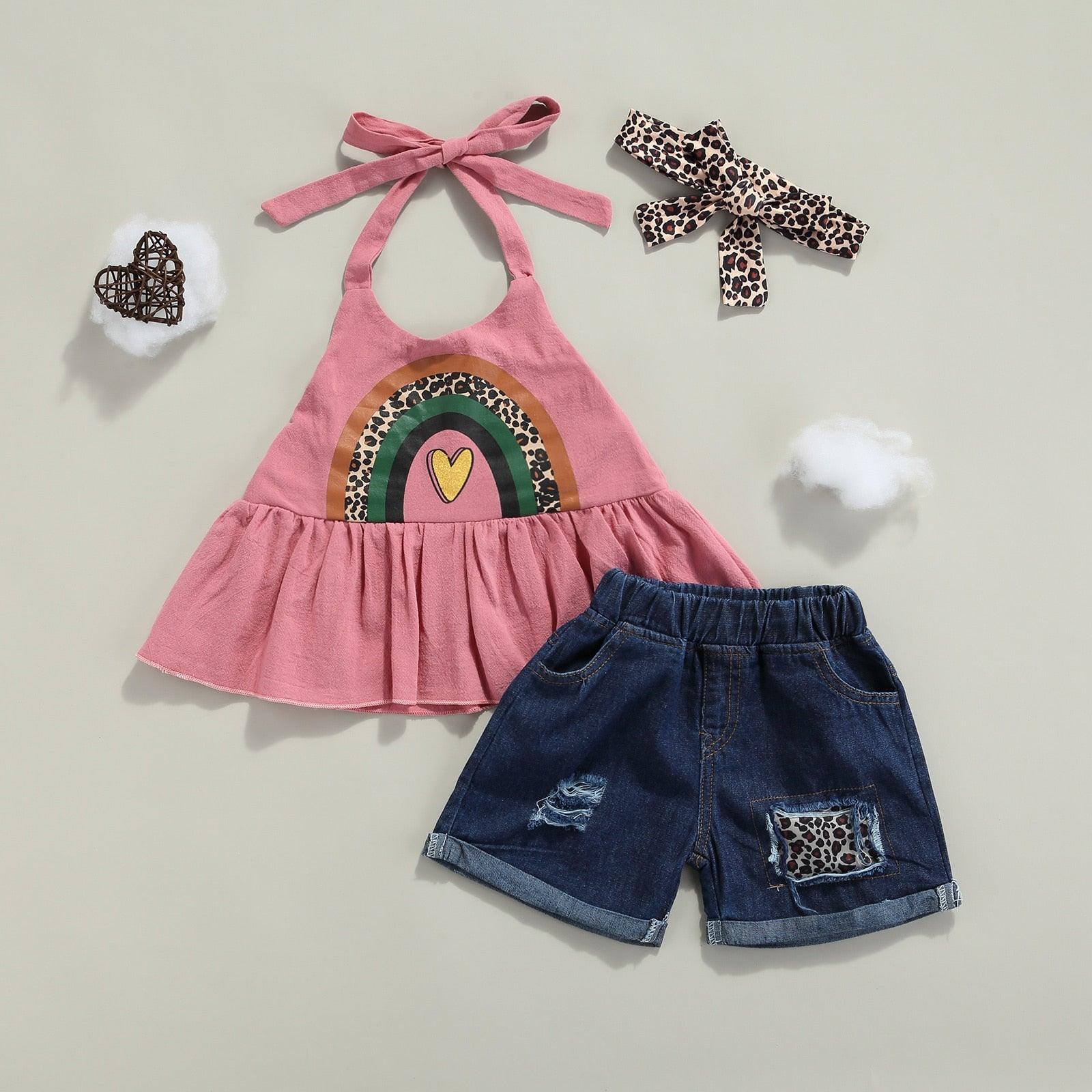 Girls Rainbow Halter Top & Leopard Patchwork Shorts-Shop Baby Boutiques