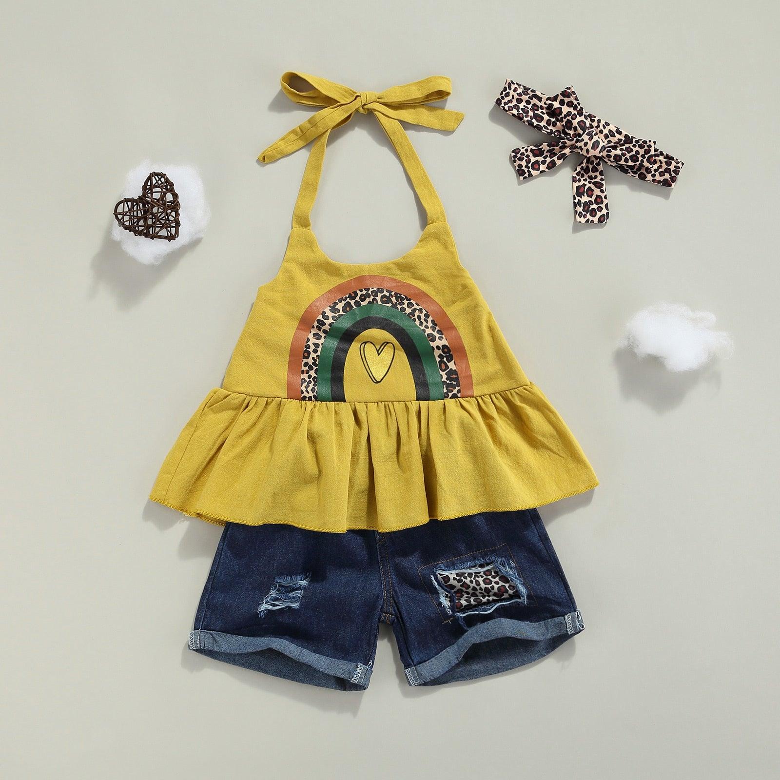 Girls Rainbow Halter Top & Leopard Patchwork Shorts-Shop Baby Boutiques