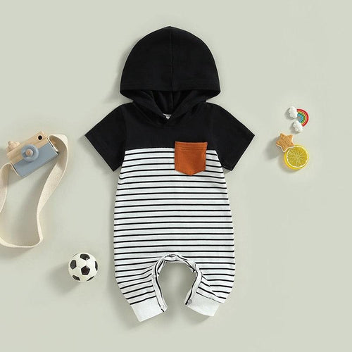 Hooded Striped Summer Jumpsuit Romper with Pocket - Shop Baby Boutiques 