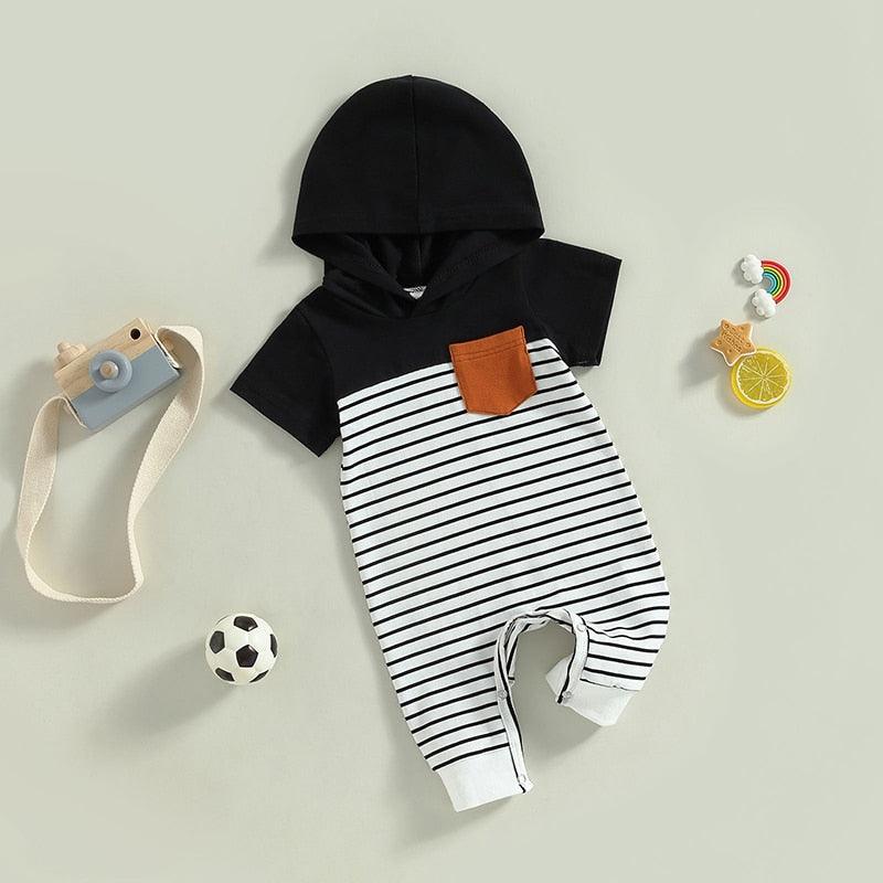 Hooded Striped Summer Jumpsuit Romper with Pocket - Shop Baby Boutiques 