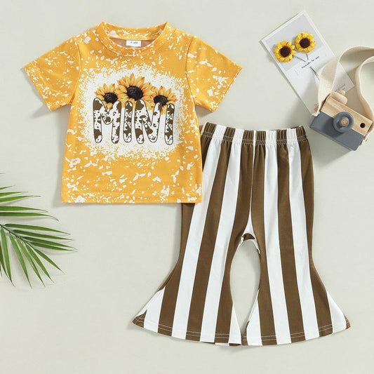 "Mini" Printed Sunflower Top & Flared Striped Pants-Shop Baby Boutiques