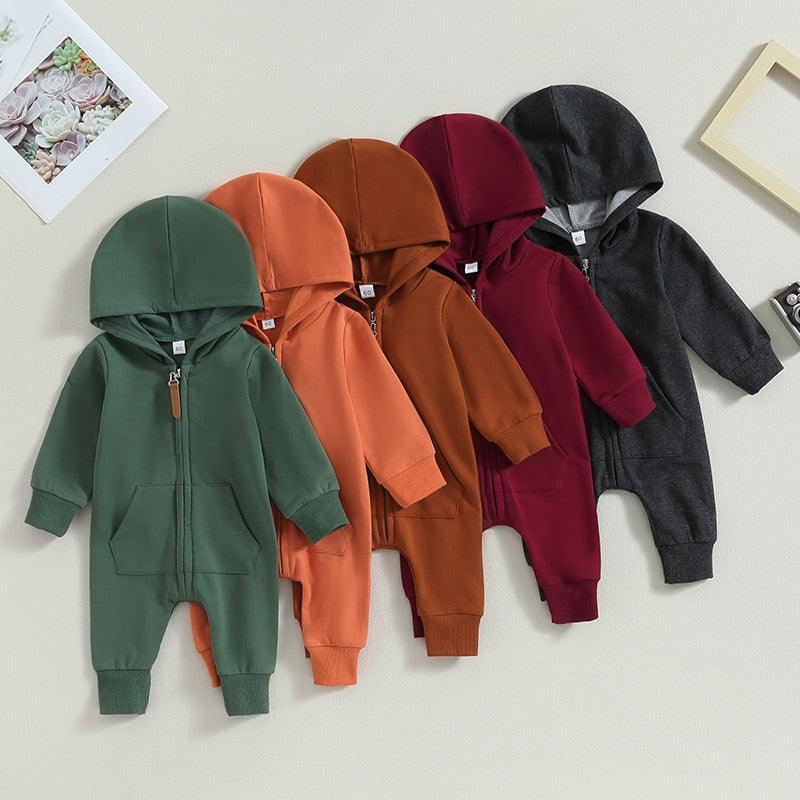 Newborn Baby Solid Zip-Up Hooded Rompers - Shop Baby Boutiques 