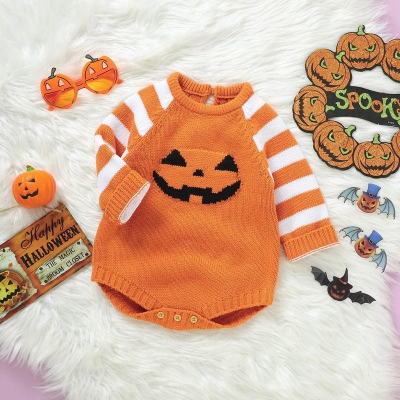 Pumpkin Face Sweater Romper-Shop Baby Boutiques