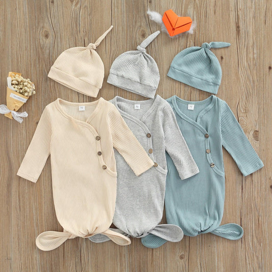 Ribbed Button Knotted Baby Gown - Shop Baby Boutiques 