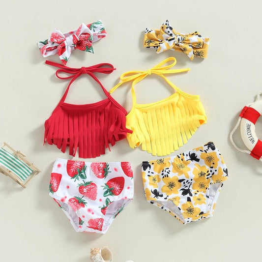 Tassel Tops Strawberry/Flower Print Swimsuit W Headband - Shop Baby Boutiques 