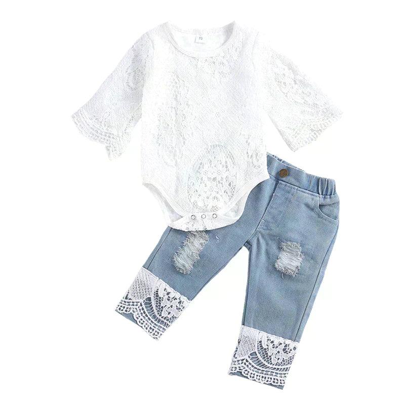 White Lace Bodysuit & Jeans Set - Shop Baby Boutiques 