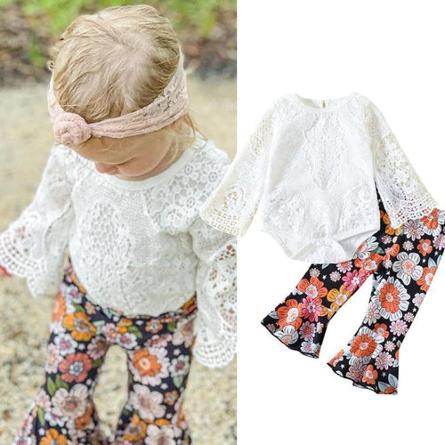White Lace Floral Bell Bottom Matching Outfit Set - Shop Baby Boutiques 
