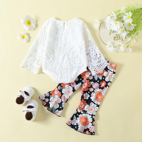 White Lace Floral Bell Bottom Matching Outfit Set - Shop Baby Boutiques 